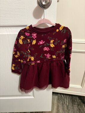 Old Navy Burgundy Floral Long-Sleeve Peplum Dress - 18/24M